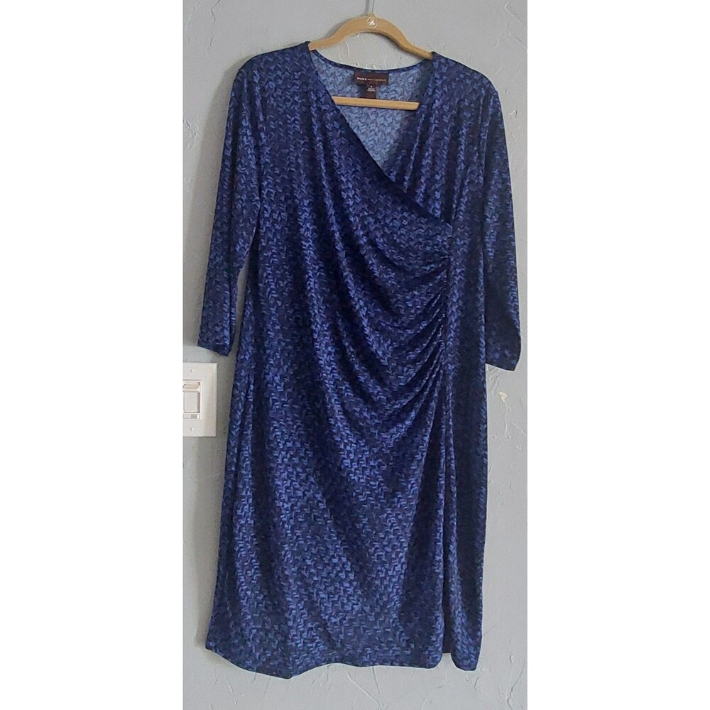 Dana Buchanan Blue Geometric Faux-Wrap Dress Size L,polyester,spandex.